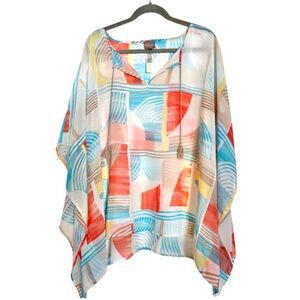 Chico's Sheer V Neck Poncho Cover Up Kimono L / XL Abstract Beachy Coastal